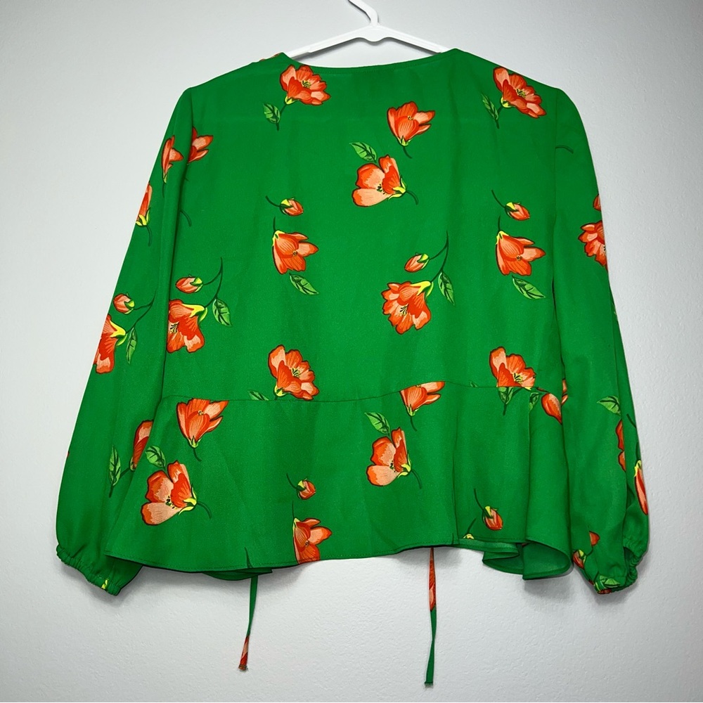 &Topshop green with orange flowers floral top blouse shirt with tie front new 4 - Picture 7 of 10